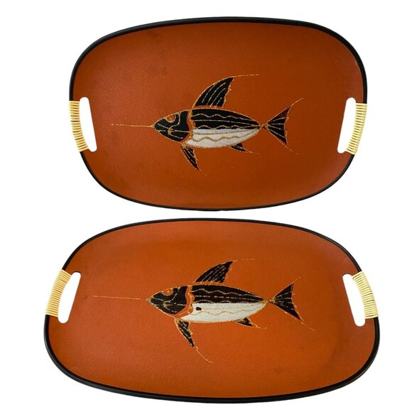 Pair Of Vintage Swordfish Serving Trays With Wrapped Handles 18 x 11" - Picture 1 of 6